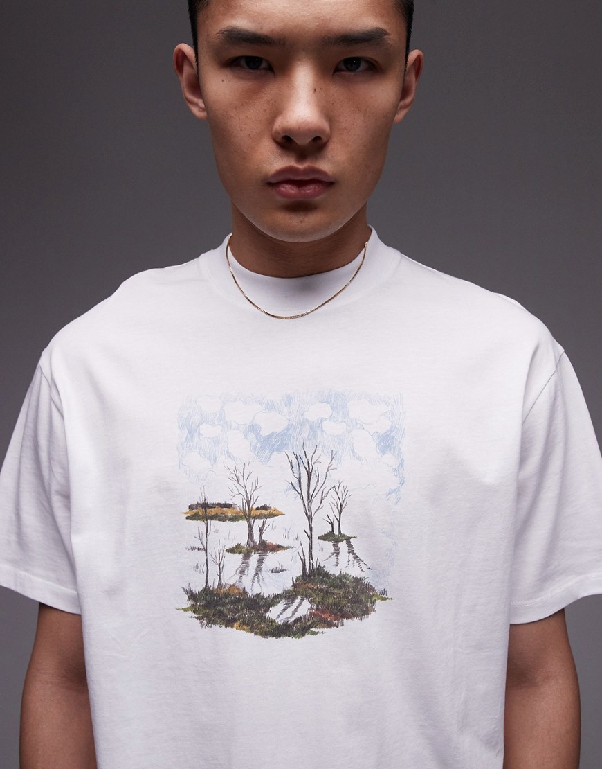 Topman premium oversized fit t-shirt with woodland chest print in white