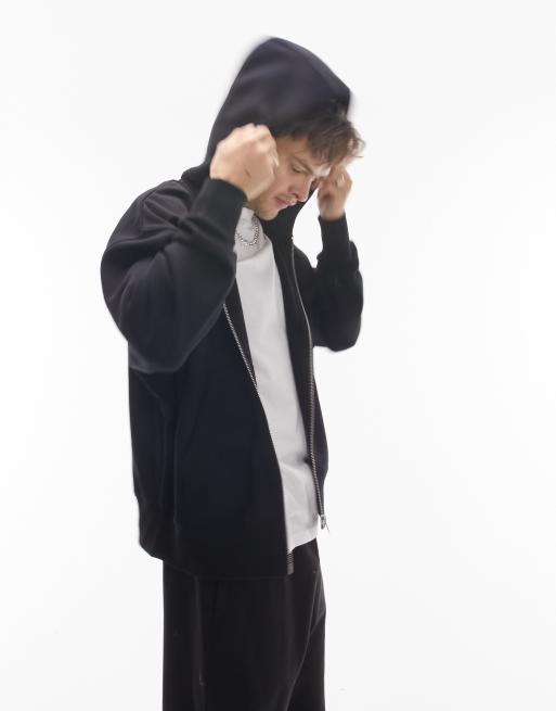 Topman - Premium oversized hoodie van zware kwaliteit met ritssluiting in zwart