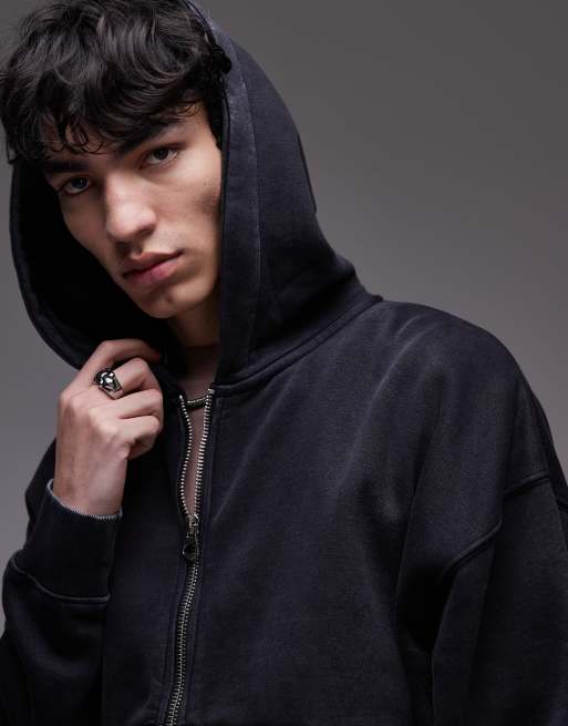 Topman - Premium - Oversized hættetrøje med gennemgående lynlås i kraftigt stof i sort syrevask, 2 af 4