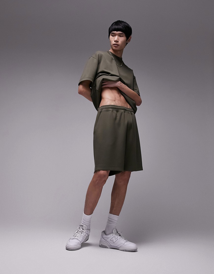 premium oversized modal shorts in khaki-Green