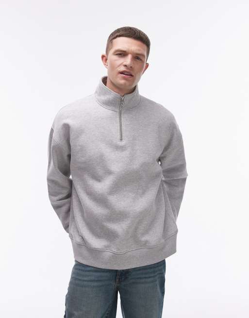 Topman - Premium - Oversized og gråmeleret sweatshirt med 1/4 lynlås i kraftigt stof