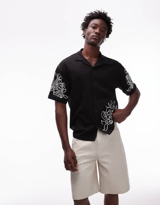 Topman - Premium oversized overhemd van jersey met knoopsluiting en borduursel van koord in zwart