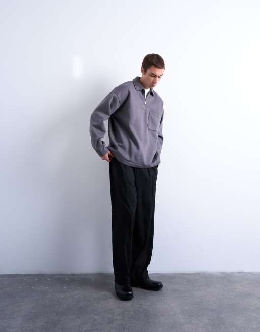 Topman - Premium oversized polo met 1/4 rits in grijs, 2 van 5