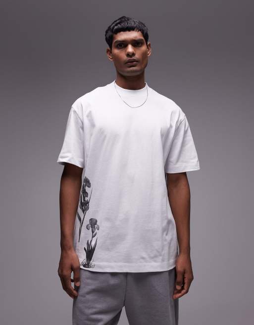 Topman Premium Oversized T Shirt Med Monokromt Blomsterprint I Hvid