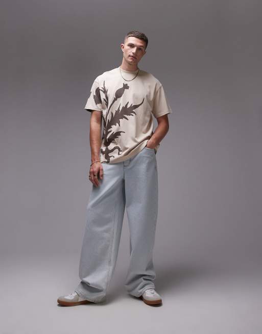 Topman - Premium - Oversized T-shirt met distelprint op de voor- en achterkant in stone met wassing