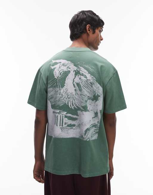 Topman - Premium - Oversized T-shirt met icarus-print in saliegroen met wassing