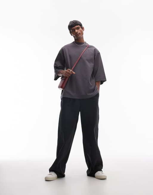 Topman - Premium - Oversized T-shirt van dikke stof met halflange mouwen in antraciet