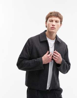 premium pinstripe wool blend harrington jacket in charcoal-Navy