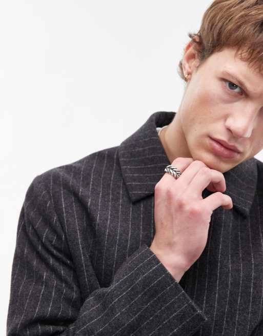 Topman premium pinstripe wool blend harrington jacket in charcoal, 3 of 4