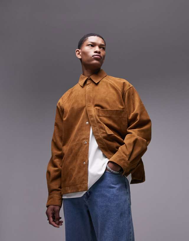 Topman - premium real suede shacket in tan