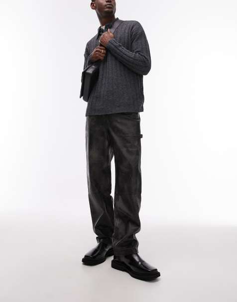 Topman - Premium - Rechte broek van distressed leer in zwart - view 1
