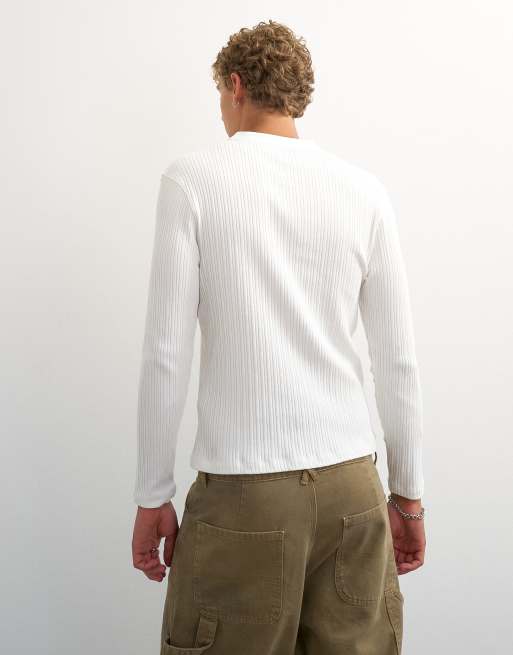 Topman premium regular fit långärmad strukturerad henley med vävd knappslå i naturvit, 5 av 5