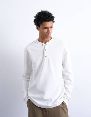 Topman Premium Relaxed Fit Heavyweight Waffle Henley In White