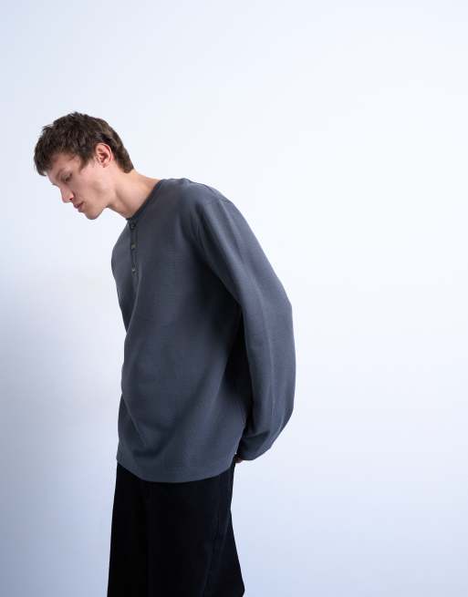 Topman premium relaxed fit heavyweight waffle henley in grey, 4 of 5