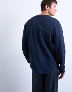 Model wearing Premium relaxed fit heavyweight waffle henley in navy