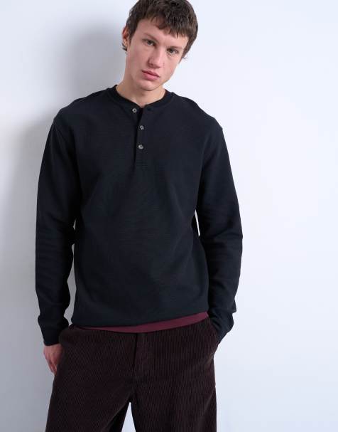 Topman premium relaxed fit heavyweight waffle henley top in black - view 1