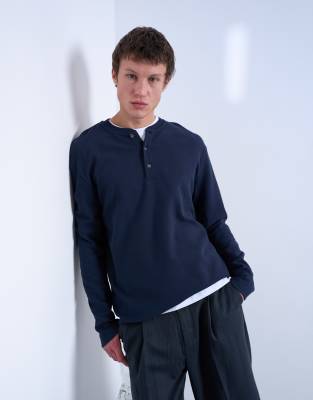 Topman Premium Relaxed Fit Heavyweight Waffle Knit Henley T-shirt In Blue