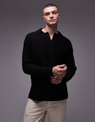 premium relaxed fit lambs wool open collar sweater in black