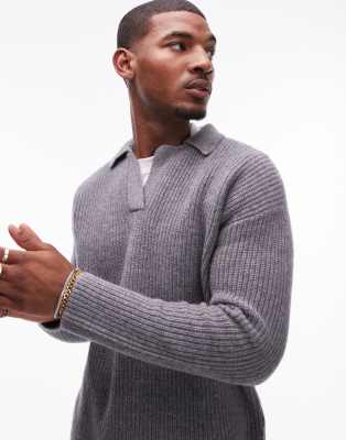 premium relaxed fit lambs wool open collar sweater in gray