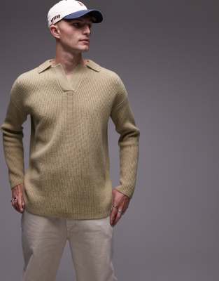 Topman Premium Relaxed Fit Lambs Wool Open Collar Sweater In Khaki-green