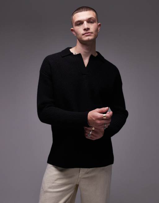 Topman premium relaxed fit lambswool open collar jumper in black ASOS