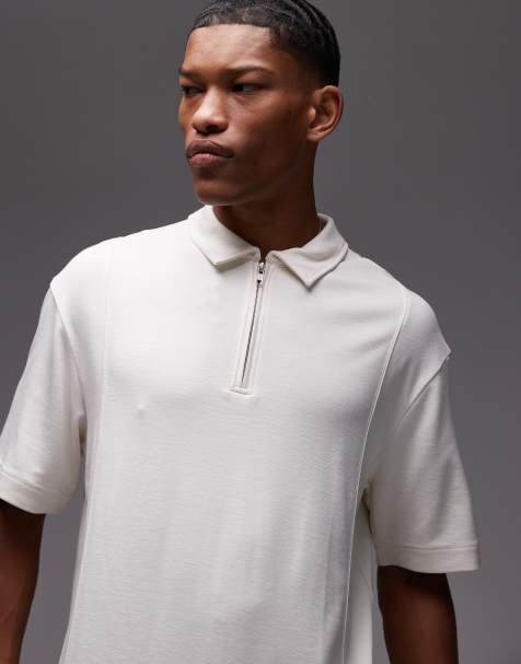 Topman premium relaxed fit polo shirt with zipper placket in ecru - view 1