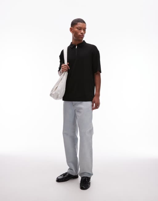 Topman premium relaxed fit polo with zip placket in black, 4 of 4