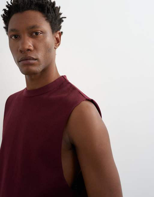Topman premium relaxed fit sleeveless t-shirt in dark burgundy, 3 of 5