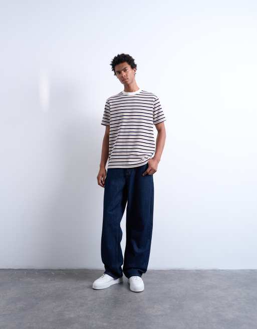 Topman premium relaxed fit stripe t-shirt in navy - NAVY