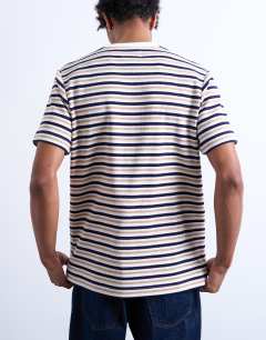 Model wearing Premium relaxed fit stripe t-shirt in navy