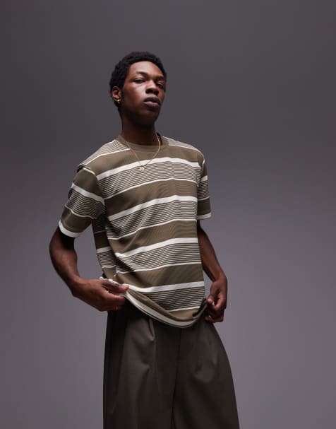 Topman premium relaxed fit striped t-shirt in khaki green - view 1
