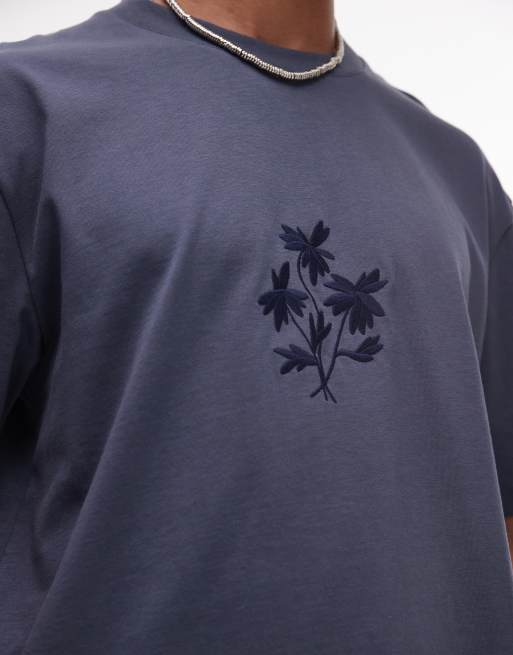 Topman premium relaxed fit t-shirt with floral embroidery in blue, 3 of 4