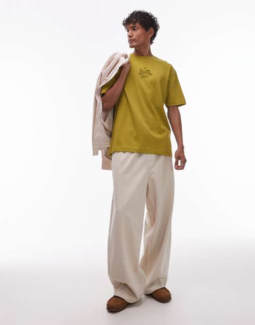 Topman premium relaxed fit t-shirt with flower taping embroidery in mustard, 2 of 4