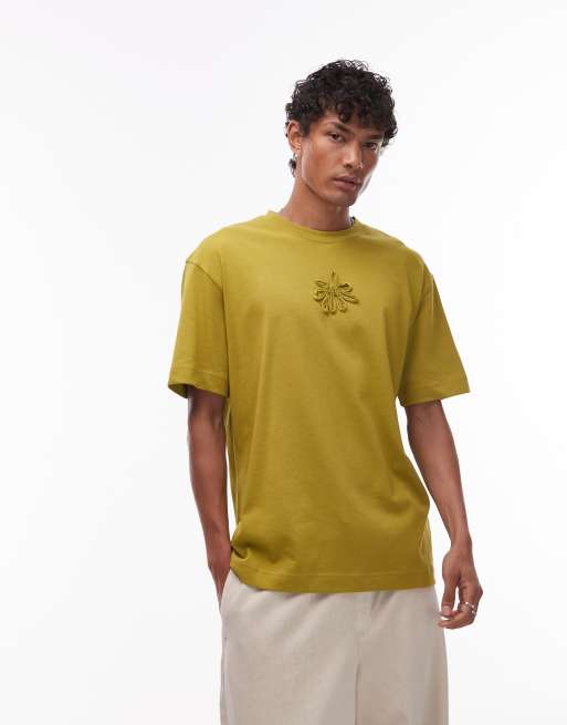 Topman premium relaxed fit t-shirt with flower taping embroidery in mustard, 4 of 4