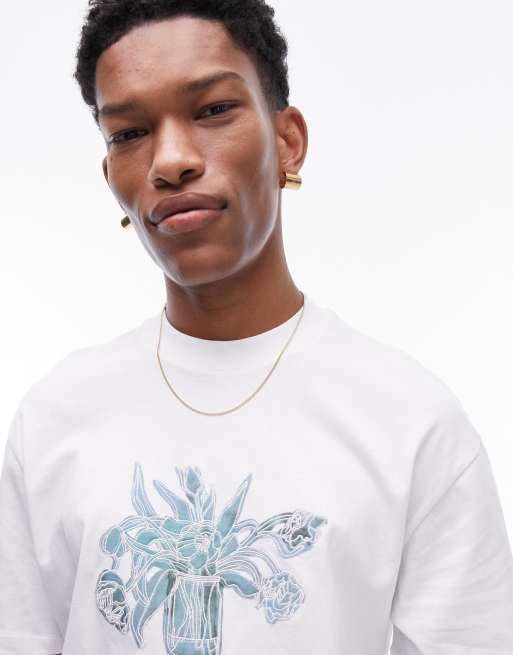 Topman premium relaxed fit t-shirt with flowers in a jar embroidery in white, 3 of 4
