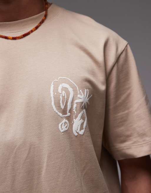 Topman premium relaxed fit t-shirt with front and back abstract shapes textured prints in stone, 2 of 4