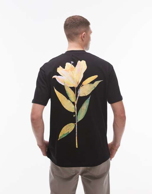 Topman premium relaxed fit t-shirt with front and back pressed lily prints in black, 2 of 4