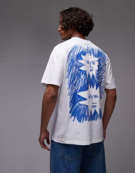 Topman premium relaxed fit t-shirt with front and back sun doodle print and embroidery in white - view 1