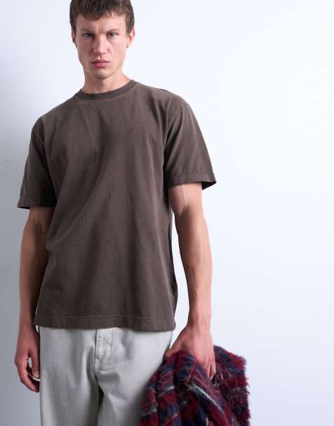 Topman premium relaxed fit t-shirt with Nowhere embroidery in washed brown - view 1