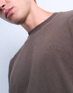 Model wearing Premium relaxed fit t-shirt with nowhere embroidery in washed brown