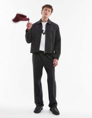 Topman Premium Relaxed High Waisted Pinstripe Wool Blend Suit Pants In Charcoal-gray