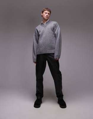 TOPMAN PREMIUM RELAXED LAMBS WOOL V-NECK SWEATER-GRAY 