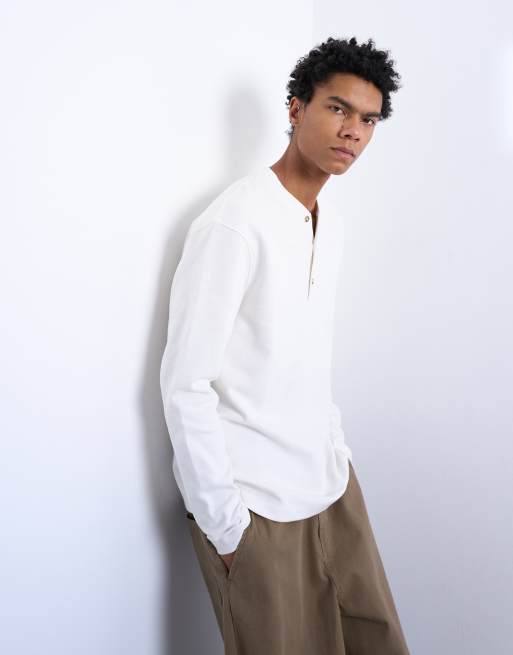 Topman - Premium - Ruimvallende henley-top van zware stof met wafelstructuur in ecru, 3 van 5