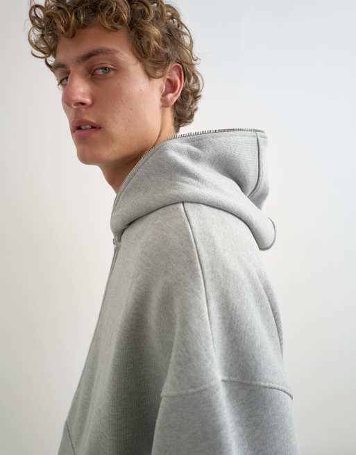 Topman Premium schwerer Hoodie in Boxy-Passform mit durchgehendem Reißverschluss in graumeliert, 2 von 5