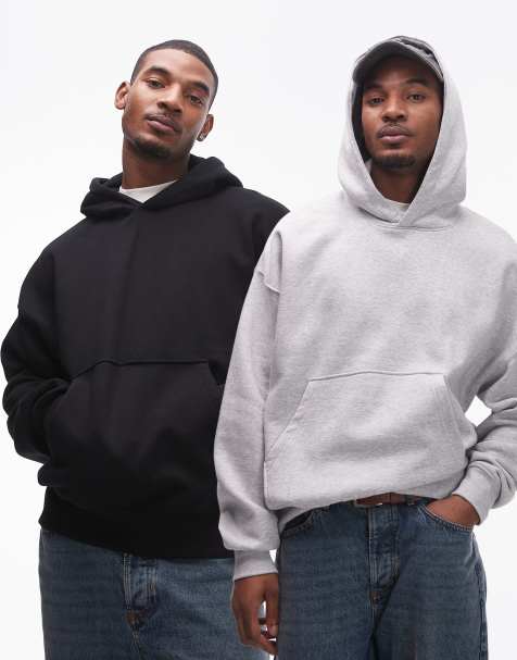 Topman - Premium - Set van 2 ruimvallende hoodies van zware stof in zwart en gemêleerd grijs - view 1