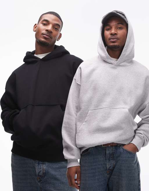 Topman - Premium - Set van 2 ruimvallende hoodies van zware stof in zwart en gemêleerd grijs