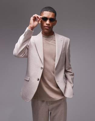 Topman Topman premium slim wool mix suit jacket in stone-Neutral