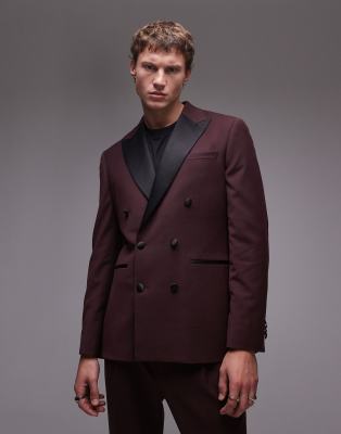 Topman premium slim wool mix tux suit jacket in burgundy-Red