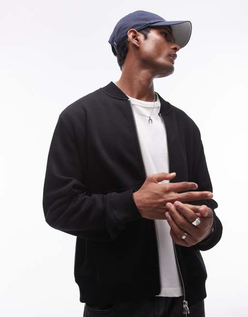 Topman - Premium - Sort bomber-jakke i kraftigt sweat-stof