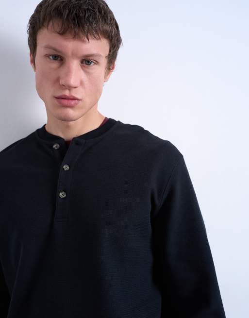 Topman - Premium - Sort henley-T-shirt i kraftigt materiale med vaffeltekstur og afslappet pasform, 3 af 5